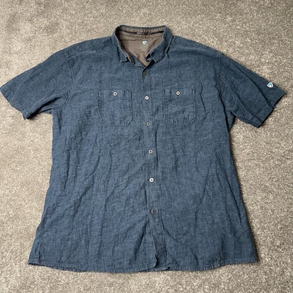KUHL Shirt Skorpio Short Sleeve Button Up Mens XXL Linen Blend Outdoor Blue - Picture 1 of 10